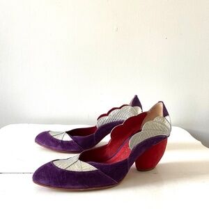Louloux Studio Christiano Bronzatto Violet, Red Silver Suede Art Deco Pump EU 39